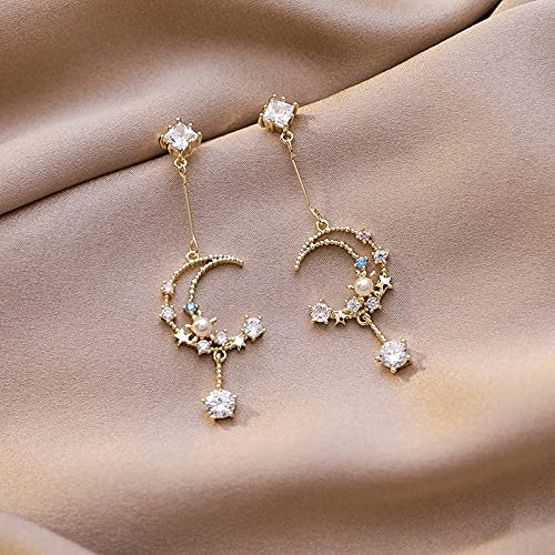 JIUXIAO Pendientes Vintage de Diamantes de imitación con Latido del corazón Crystal Moon Planet Pearl Zircon Earring Girls Party Regalo de cumpleaños Temperamento Jewelry-Platinum Platinum