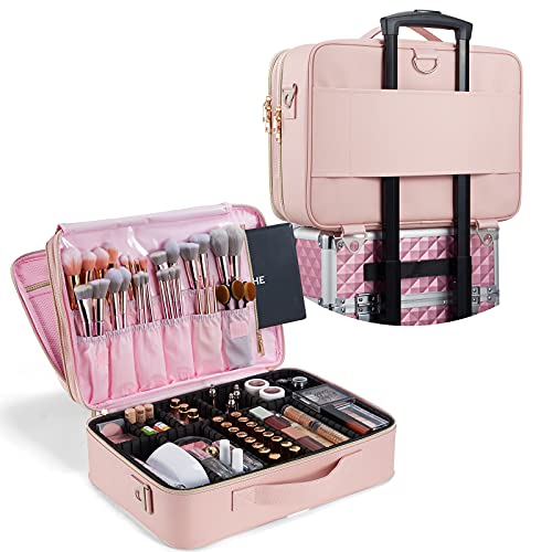 Joligrace Bolsa Maquillaje de Viaje Neceser Maquillaje PU Cosméticos Maletín Manicura Joyero y Uñas Organizador Grande Makeup Estuche Maletín Vacio con Bandolera y 2 Capas Profesional ,Rosa