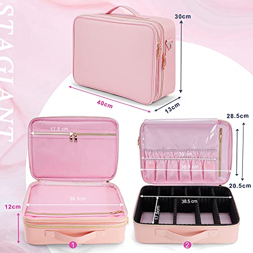 Joligrace Bolsa Maquillaje de Viaje Neceser Maquillaje PU Cosméticos Maletín Manicura Joyero y Uñas Organizador Grande Makeup Estuche Maletín Vacio con Bandolera y 2 Capas Profesional ,Rosa