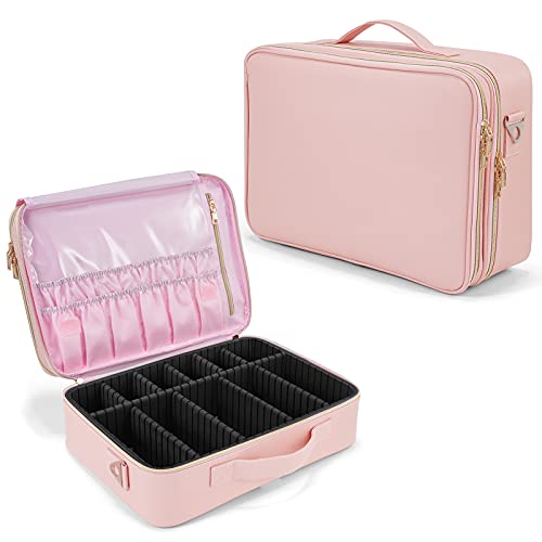 Joligrace Bolsa Maquillaje de Viaje Neceser Maquillaje PU Cosméticos Maletín Manicura Joyero y Uñas Organizador Grande Makeup Estuche Maletín Vacio con Bandolera y 2 Capas Profesional ,Rosa