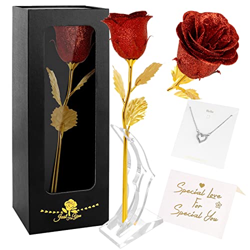 Joyhoop Rosa Eterna, Rosas Roja con Base y Tarjeta de Felicitación, Romantico Rosa Rojas Regalo para Ella, Regalos Mujer Regalo Mama San Valentín Día de la Madre Aniversario Bodas Cumpleaños.