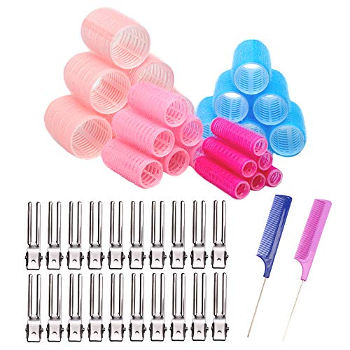 Juego de 24 rodillos de para el cabello con agarre automático, pinzas para el cabello, rulos para peluquería, 20 pinzas metálicas de pico de pato, 2 peines para peluquería de salón