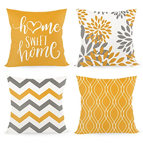 Juego de 4 fundas de cojín de 45 x 45 cm, con inscripción «Home Sweet Home», funda de cojín decorativa con cremallera oculta, cojín de sofá, cojín de sofá de Navidad (naranja y amarillo)