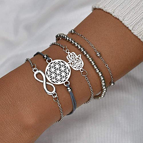 Juego de 5 pulseras de plata Color para mujer, con símbolo de infinito, pulsera de bolas, pulsera de cuerda con adorno, bohemias y ajustables (Juego de 5 pulseras)