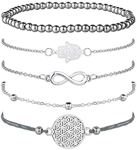 Juego de 5 pulseras de plata Color para mujer, con símbolo de infinito, pulsera de bolas, pulsera de cuerda con adorno, bohemias y ajustables (Juego de 5 pulseras)