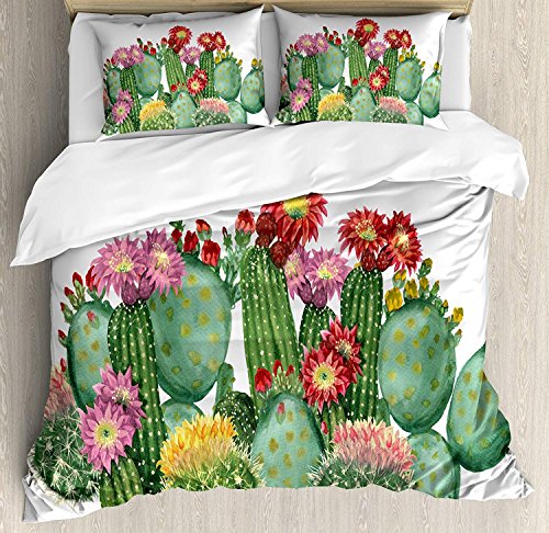 Juego de funda nórdica Cactus Decor, Saguaro Beard Hedge Barrel, Higo chumbo, Tropical Botanical Tropical Plant, Juego de cama decorativo de 3 piezas con 2 fundas de almohada, King Multicolor