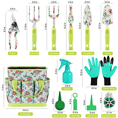 Juego de herramientas de jardín, regalos de jardinería, 13 piezas de herramientas de jardinería con asa con estampado floral y bolsa de almacenamiento, suministros de jardinería para mujeres y hombres