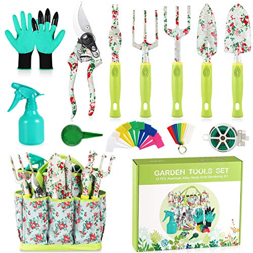 Juego de herramientas de jardín, regalos de jardinería, 13 piezas de herramientas de jardinería con asa con estampado floral y bolsa de almacenamiento, suministros de jardinería para mujeres y hombres