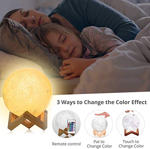 Justech Lámpara de Luna en 3D 15cm Control Remoto y Control Táctil 16 Colores 4 Modos RGB Luz Nocturna Luna LED con Soporte de Madera Carga USB para la Decoración del Dormitorio Regalo para Navidad