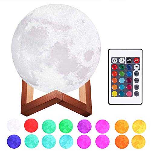 Justech Lámpara de Luna en 3D 15cm Control Remoto y Control Táctil 16 Colores 4 Modos RGB Luz Nocturna Luna LED con Soporte de Madera Carga USB para la Decoración del Dormitorio Regalo para Navidad