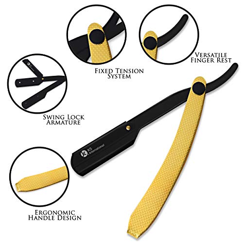 K5 International Navaja de Afeitar de Barbero Maquinilla de afeitar tradicional para barba Profesional Navaja de borde recto acero inoxidable para hombres y mujeres con 10 Cuchillas (Golden and Black)