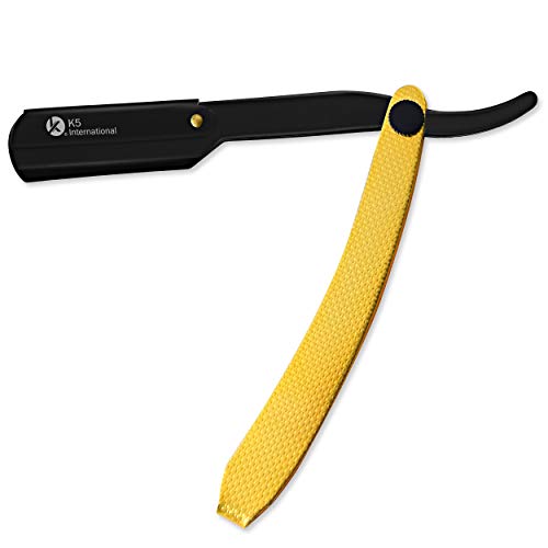 K5 International Navaja de Afeitar de Barbero Maquinilla de afeitar tradicional para barba Profesional Navaja de borde recto acero inoxidable para hombres y mujeres con 10 Cuchillas (Golden and Black)