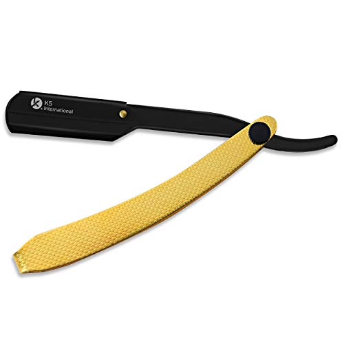 K5 International Navaja de Afeitar de Barbero Maquinilla de afeitar tradicional para barba Profesional Navaja de borde recto acero inoxidable para hombres y mujeres con 10 Cuchillas (Golden and Black)