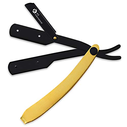 K5 International Navaja de Afeitar de Barbero Maquinilla de afeitar tradicional para barba Profesional Navaja de borde recto acero inoxidable para hombres y mujeres con 10 Cuchillas (Golden and Black)