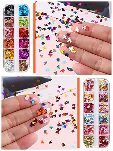 Kalolary 4 cajas Hojas De Arce Lentejuelas Holograficas Glitter Uñas Decoración Confeti Uñas Flakes Uñas Brillos de Uñas con Purpurinas Nail Sequins Hoja de otoño Calcomanía DIY Manicura Maquillaje-A