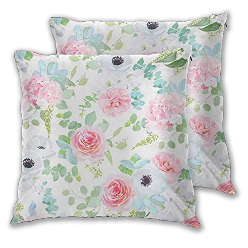 KENADVI Fundas de cojín Delicado Rosa Camelia Anemone Hortensia Azul Suculentas Peonía Blanca Fresia Silverberry Mint Funda de Almohada Cuadrada para sofá de casa 20x20 Juego de 2