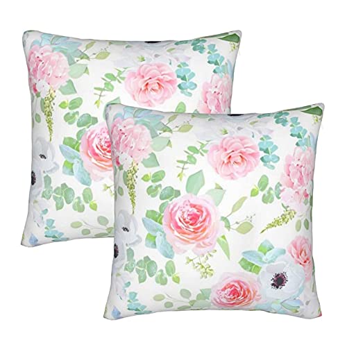 KENADVI Fundas de cojín Delicado Rosa Camelia Anemone Hortensia Azul Suculentas Peonía Blanca Fresia Silverberry Mint Funda de Almohada Cuadrada para sofá de casa 20x20 Juego de 2