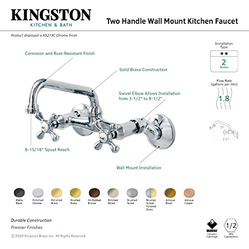 Kingston Brass KS213C Grifo de cocina victoriano para montaje en pared, 7 pulgadas, cromo pulido