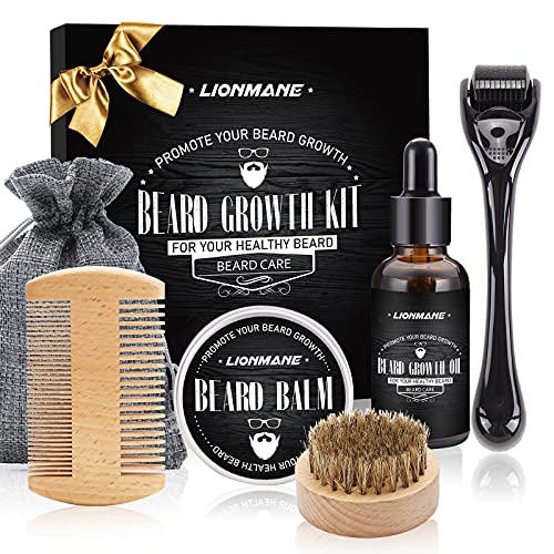 Kit de crecimiento de barba, Regalo del día del Padre, Lionmane kit de crecimiento de barba para hombres, Rodillo Derma, Aceite Barba, Bálsamo, Cepillo, Peine, Kit Crecimiento Barba