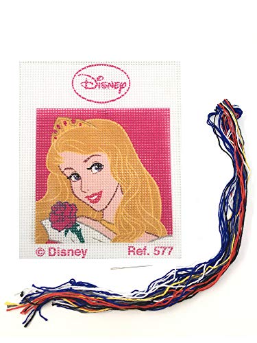 Kit medio punto con dibujos de Disney - La Bella Durmiente. Punto de cruz manualidad DIY para niños, incluye cañamazo e hilos de colores según estampado. Lienzo de 18 x 15 cm.