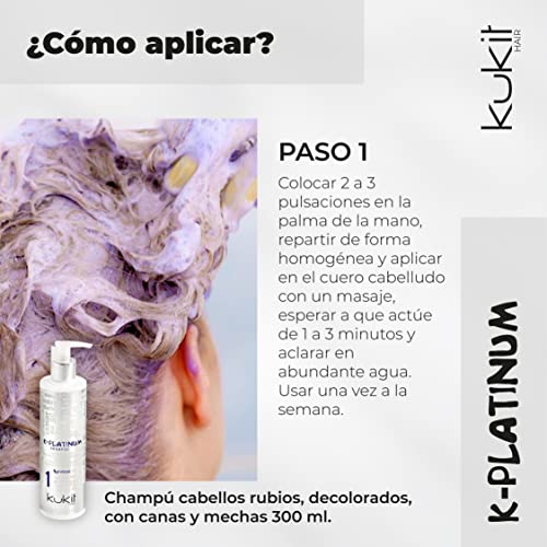 Kukit Hair - K-Platinum 1 | Champú Matizador Cabello Rubio, Mechas y Canas | Champú AntiAmarillo Matizador con Pigmentos Azules | Bote 300 ml