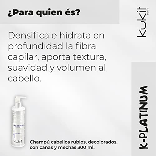 Kukit Hair - K-Platinum 1 | Champú Matizador Cabello Rubio, Mechas y Canas | Champú AntiAmarillo Matizador con Pigmentos Azules | Bote 300 ml