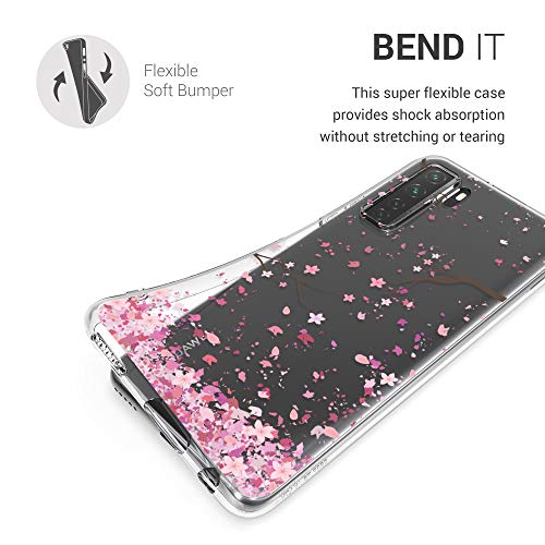 kwmobile Carcasa Compatible con Huawei P40 Lite 5G - Funda Silicona TPU Flores Cerezo cayendo Rosa Claro/marrón Oscuro/Transparente