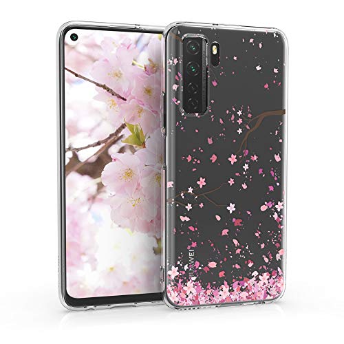 kwmobile Carcasa Compatible con Huawei P40 Lite 5G - Funda Silicona TPU Flores Cerezo cayendo Rosa Claro/marrón Oscuro/Transparente