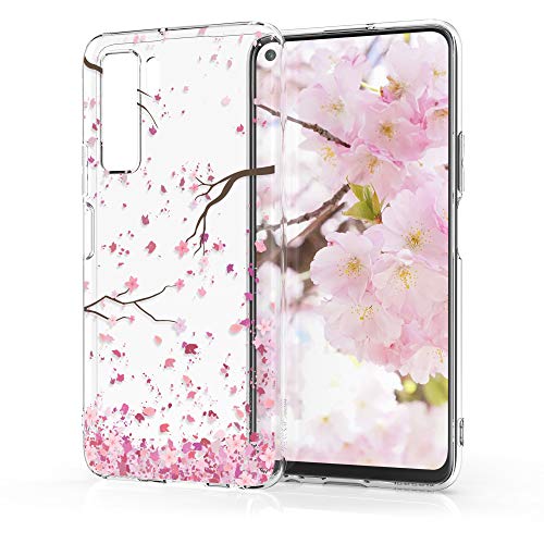 kwmobile Carcasa Compatible con Huawei P40 Lite 5G - Funda Silicona TPU Flores Cerezo cayendo Rosa Claro/marrón Oscuro/Transparente