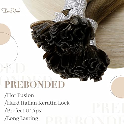 LaaVoo  Extensiones de Queratina Pelo Natural 16 Pulgadas Nail Tip Bond Hair Extensions #8/59 Balayage Marrón Ligero Ombre Rubio Ligero Extensiones Queratina de Cabello 50g/50s