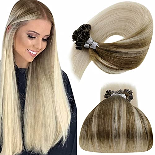 LaaVoo  Extensiones de Queratina Pelo Natural 16 Pulgadas Nail Tip Bond Hair Extensions #8/59 Balayage Marrón Ligero Ombre Rubio Ligero Extensiones Queratina de Cabello 50g/50s