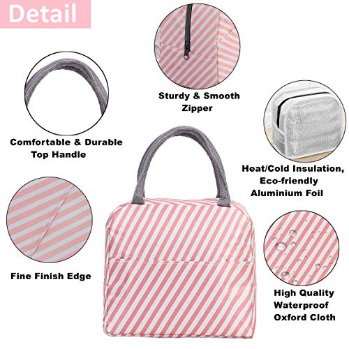 LABOTA 2PCS Bolsa Térmica Almuerzo Impermeable Fiambrera Isotermica,Lunch Bag con bolsillo trasero,Para hombres, mujeres y niños (Flamingo & Pink Stripe)