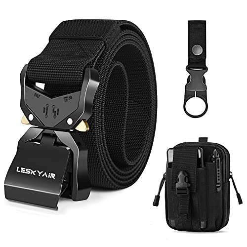 Leskyair Cinturón Táctico para Hombres 1.5 pulgadas, Cinturon Hombre Trabajo Estilo Militar Cinturón con hebilla de metal liberación rápido, Regalo con bolsa táctica Molle y Soporte para Botella