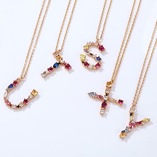 LILY123 Moda Inicial Arco Iris Diamante Letra Nombre Colgante Collar S925 Plata esterlina Color Cubic Zirconia Alfabeto suéter Dorado clavícula Cadena Collar Joyería Regalos para Mujeres Niñas