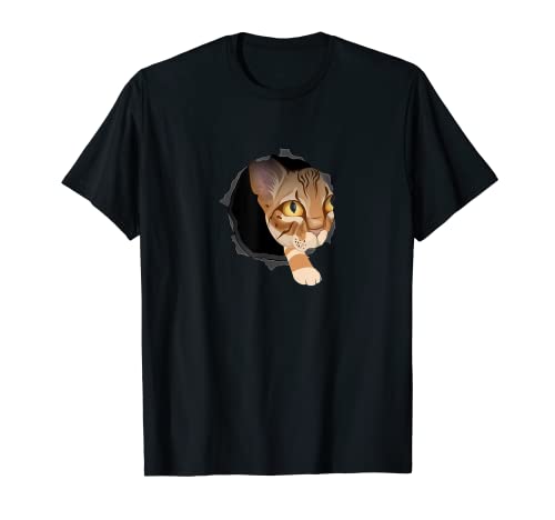 Lindo gato mirando a través del agujero Feline Kitty Pet Cub Camiseta