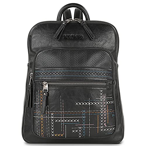 Lois - Bolso Mochila Mujer Casual Pequeña de Piel Vegana PU con Bordados de Marca LOIS. Bolso para iPad, Doble Compartimento Frontal y Bolsillo Trasero con Cremallera 310723, Color Negro