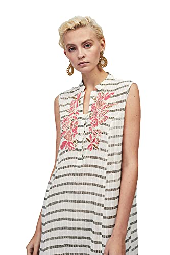 Lola Casademunt Vestido Largo Verano Mujer Kaftan Crudo Rayas Cuello V Detalles Rosa Algodón Bordado Camisola Moda Ibicenca Vintage Transpirable Bikini Fiesta Hippie Playa Piscina