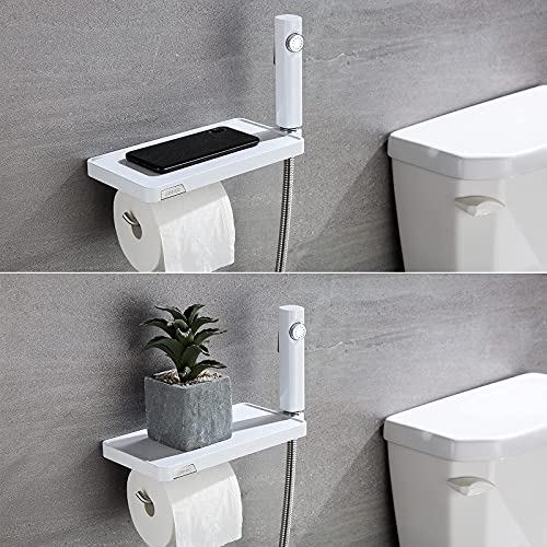 Lonheo Grifo para el WC con ducha de mano, Duchas Higienicas para WC con Portarrollos para Papel Higiénico Blanco, con Soporte Ducha y Manguera Ducha 1.2m