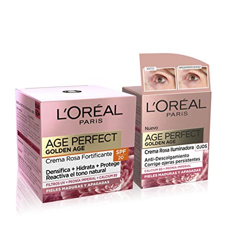 L'Oréal Paris Age Perfect Golden Age Set de Crema de Día Rosa con Protección Solar SPF 20 y Contorno de Ojos Antiojeras, Antiarrugas y Luminosidad, Pieles Maduras y Apagadas, 50 ml y 15 ml