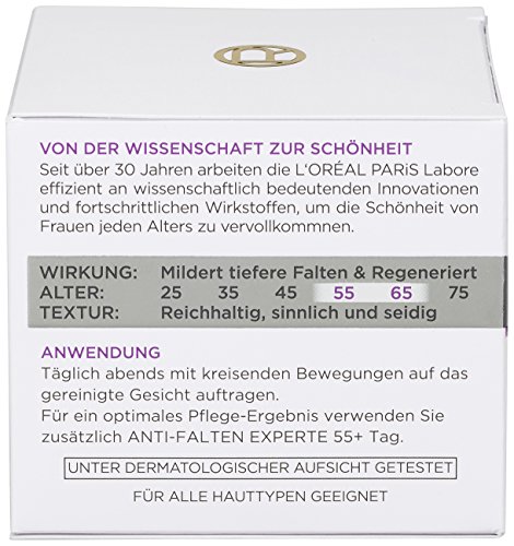L'Oréal Paris Crema facial antiarrugas, Experte 55+ crema de noche para mujer a partir de 55 años con calcio, 3 unidades (50 ml).