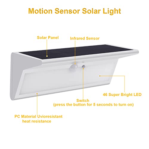 Luz Solar Exterior 46 LED 3000mAh lámpara solar exterior Luz solar superbrillante de 800lm con detector de movimiento infrarrojo 4 modos Aplique impermeable para jardín (luz blanca)