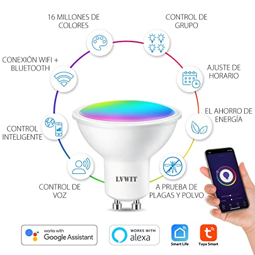 LVWIT Bombillas LED GU10 Inteligente WiFi Regulable 5W 350 Lm, Bombilla Alexa Multicolor Bombilla Compatible con Alexa, Google Home Assistant y App Smart Life/Tuya, Equivalente a 32W RGB, 2 Pcs.