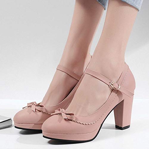 Lydee Mujer Zapatos Dulce Bow Pumps Correa Partido Zapatos Tacon Ancho Plataforma Costume Footwear Pink Tamaño 33