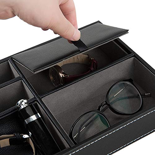 LYTIVAGEN Bandeja de Valet Cuero para Hombres, Caja de Oficina de Cuero 5 Cuadrados Organizador de Escritorio de Cuero para Mesitas de Noche, Escritorios, Oficinas (Negro, 25.5*18.5*5cm)