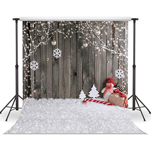 LYWYGG 10X10FT Fondo de Fotografía de Navidad Tablero de Madera Marrón Vintage Fondo de Navidad Fondo de Muñeco de Nieve Nevando Fondo de Fotografía de Pared de Madera de Niños de Navidad CP-70-1010