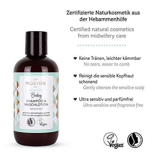 MABYEN Champú y Loción Corporal para Bebés 200 ml - Higiene Capilar Infantil para Niños y Niñas - Cosmética Natural Vegana sin Sulfatos ni Parabenos ni Siliconas - Ultra Sensible y Sin Perfume