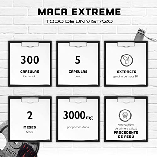 Maca Extreme - 300 cápsulas - Dosificación extra alta: 30.000mg por porción diaria - Extracto especial premium 10:1 de Perú - Vegano