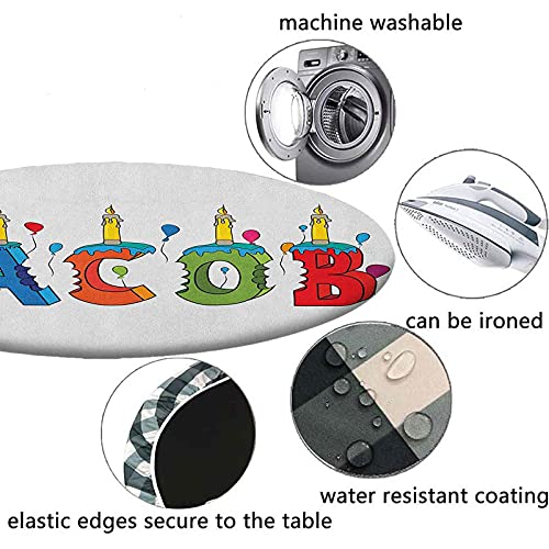 Mantel redondo con bordes elásticos, dibujos animados coloridos letras festivas ortografía nombre masculino sorpresa fiesta cumpleaños niños diseño jacob, para mesas de hasta 62 pulgadas de diámetro m