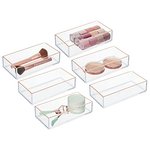 mDesign Cajas organizadoras de cosméticos – Práctico organizador de maquillaje para pintalabios, pintaúñas y más – Cajas rectangulares para baño o dormitorio – Juego de 6 – transparente/dorado rojizo