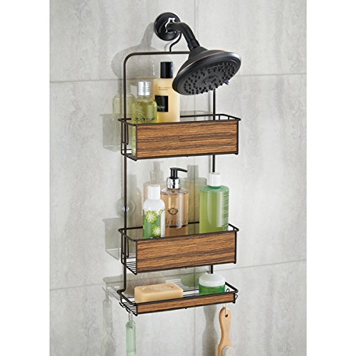 mDesign Estantería ducha sin taladro – Accesorios ducha – Fácil de colgar – Para sus productos de higiene como champú, acondicionador, jabón, etc. - Bronce/madera rosada